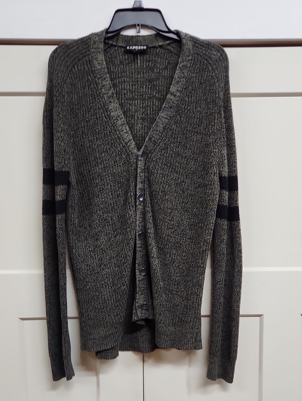 Express Men's Olive Knit V‑Neck Cardigan with Black Sleeve Stripes